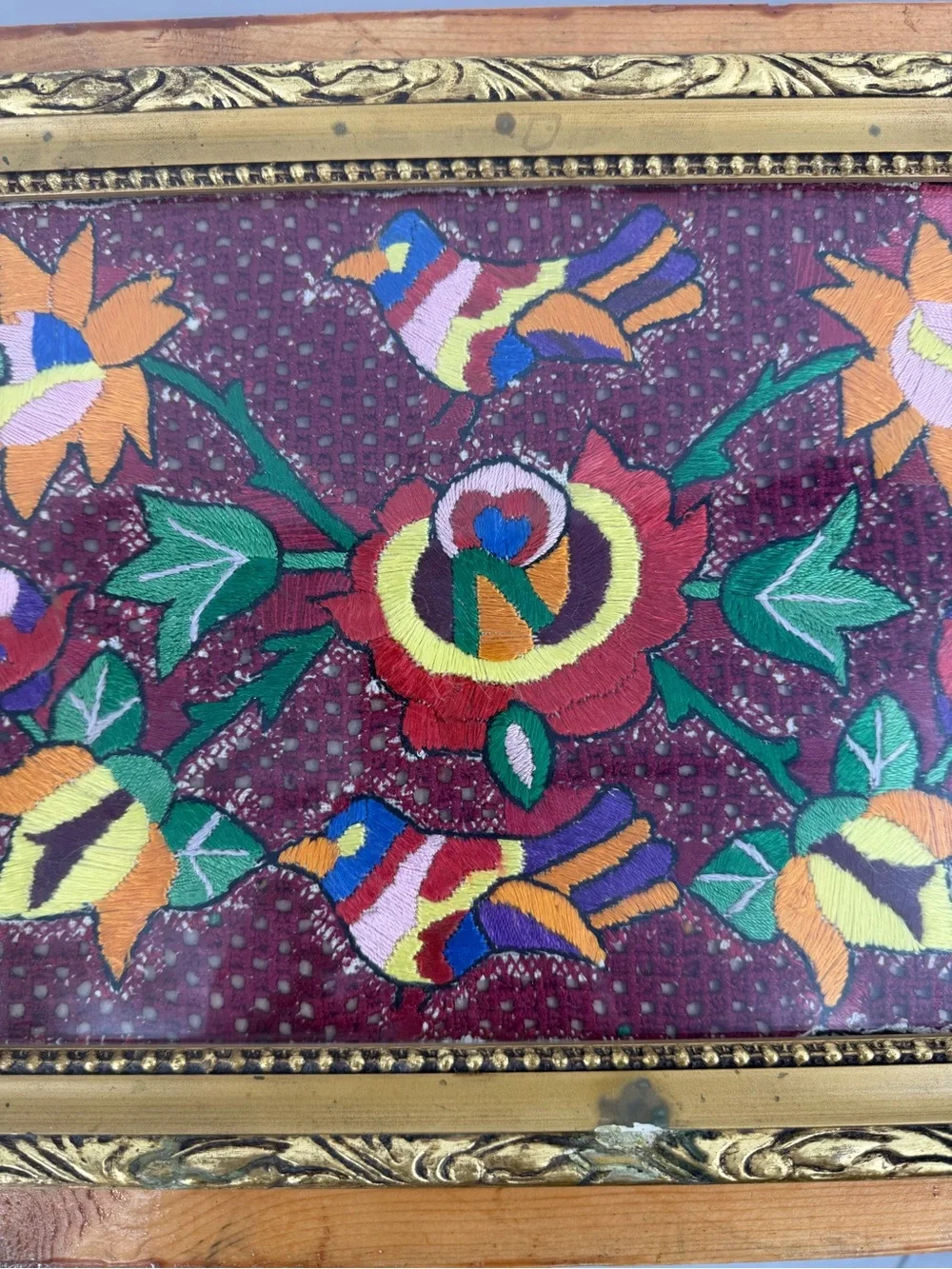 Vintage 70’s Framed Needlepoint Embroidered Floral Glass Vanity Gold Tray